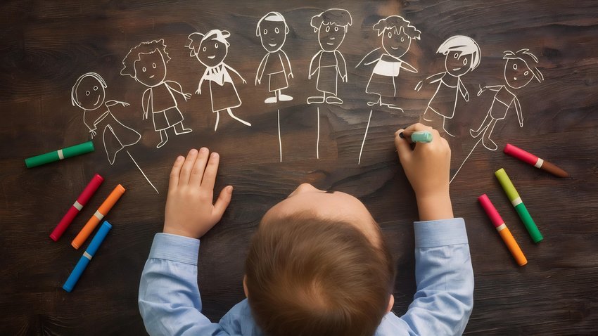niño con Asperger dibujando a sus amigos con rotuladores de colores