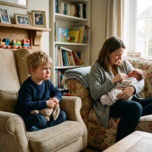 hermano mayor con celos mirando al bebé recién nacido