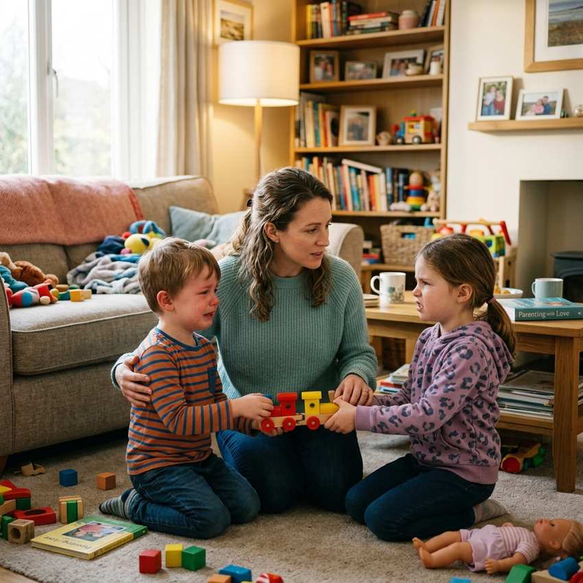 madre mediando entre dos hermanos con celos