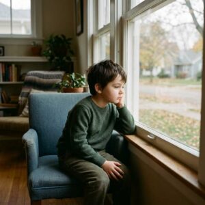 niño triste sentado junto a ventana procesando el duelo