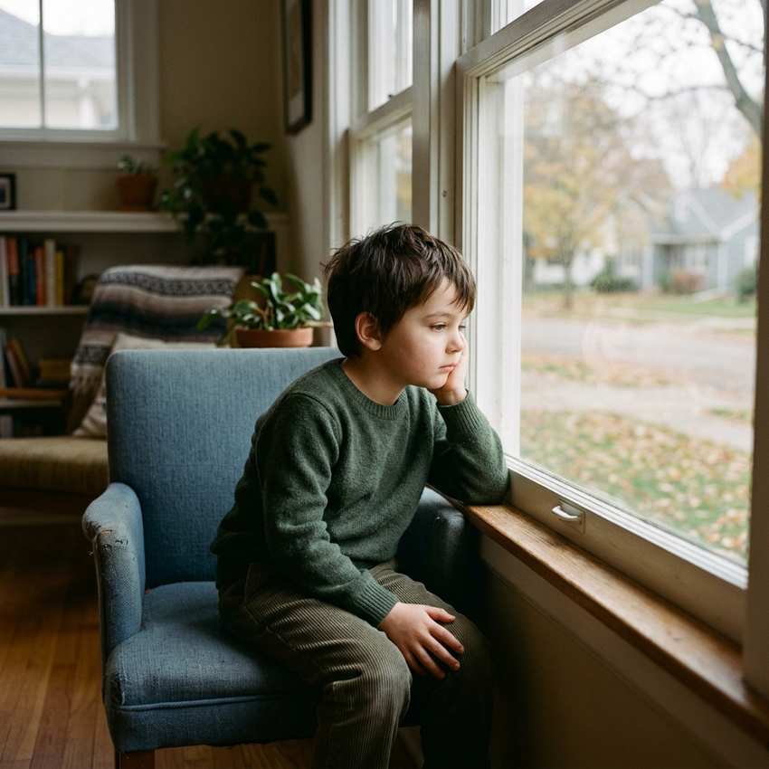 niño triste sentado junto a ventana procesando el duelo