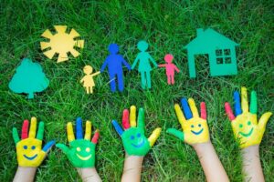 group happy people green grass family having fun spring smiley hands ecology concept top view portrait copia