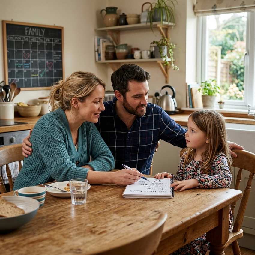 Cómo poner límites a los hijos: guía práctica 4 padres explicando normas y límites al hijo en la mesa