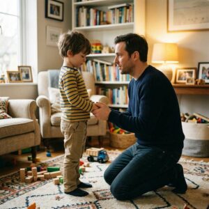 padre poniendo límites firmes a su hijo con amor y calma