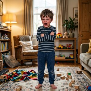 niño agresivo con rabieta mostrando enfado en casa