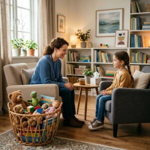 niño en primera visita al psicólogo en consulta acogedora