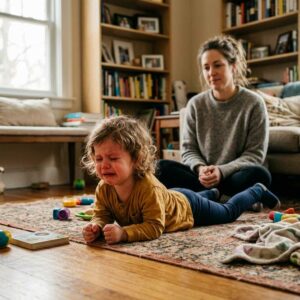 niño pequeño haciendo una rabieta en el suelo llorando y enfadado