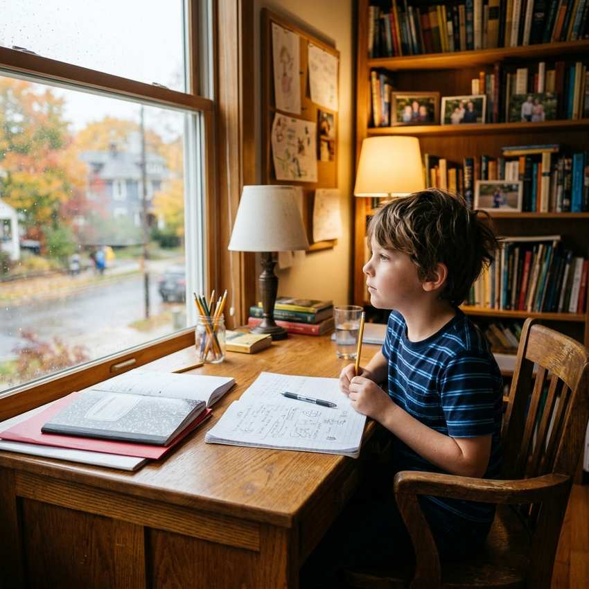 niño con TDAH distraído intentando hacer los deberes en casa