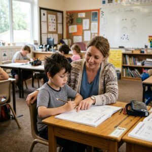 maestra apoyando a niño con TDAH en el colegio con paciencia