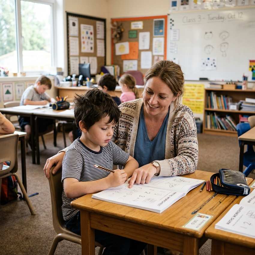 maestra apoyando a niño con TDAH en el colegio con paciencia
