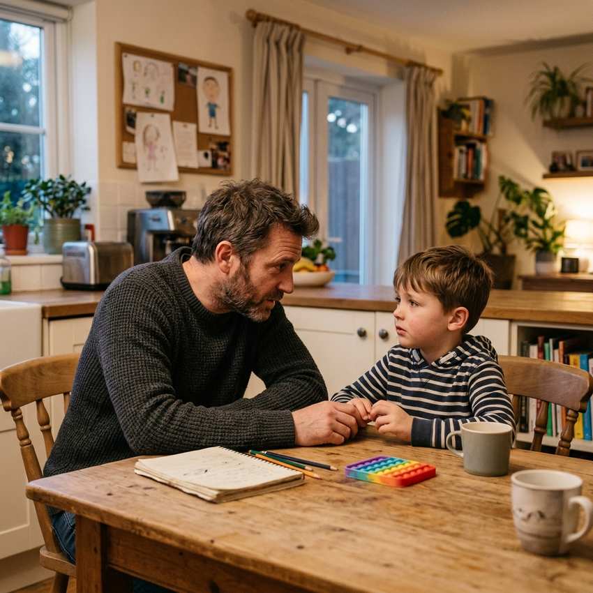 padre preocupado hablando con su hijo sobre posible TDAH
