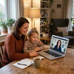 madre e hijo en sesión de terapia psicológica online